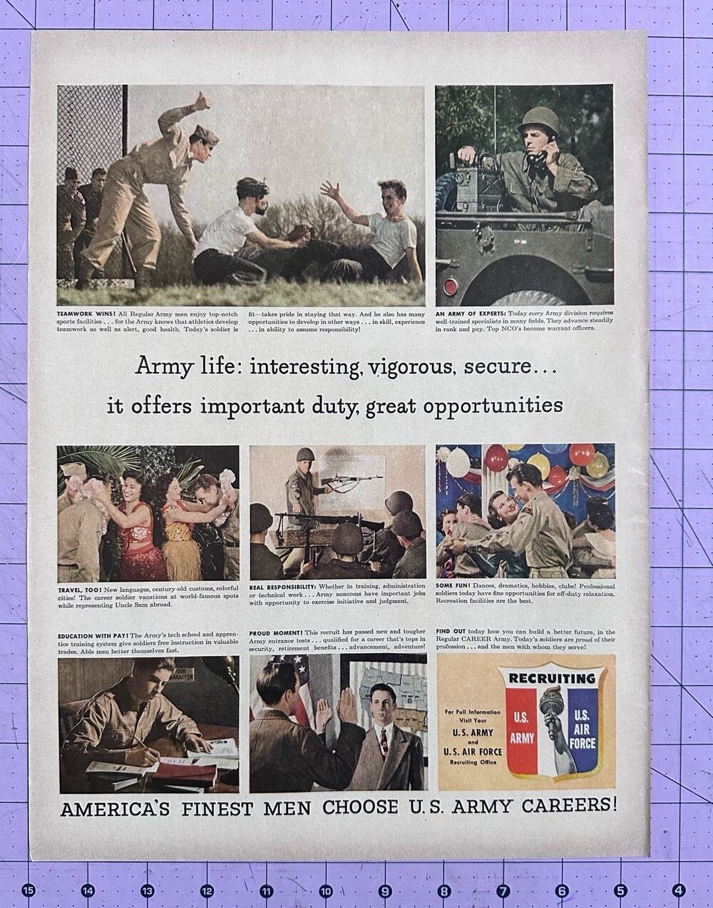 US Army Recruiting Ad Interesting Secure Vigorous 1949